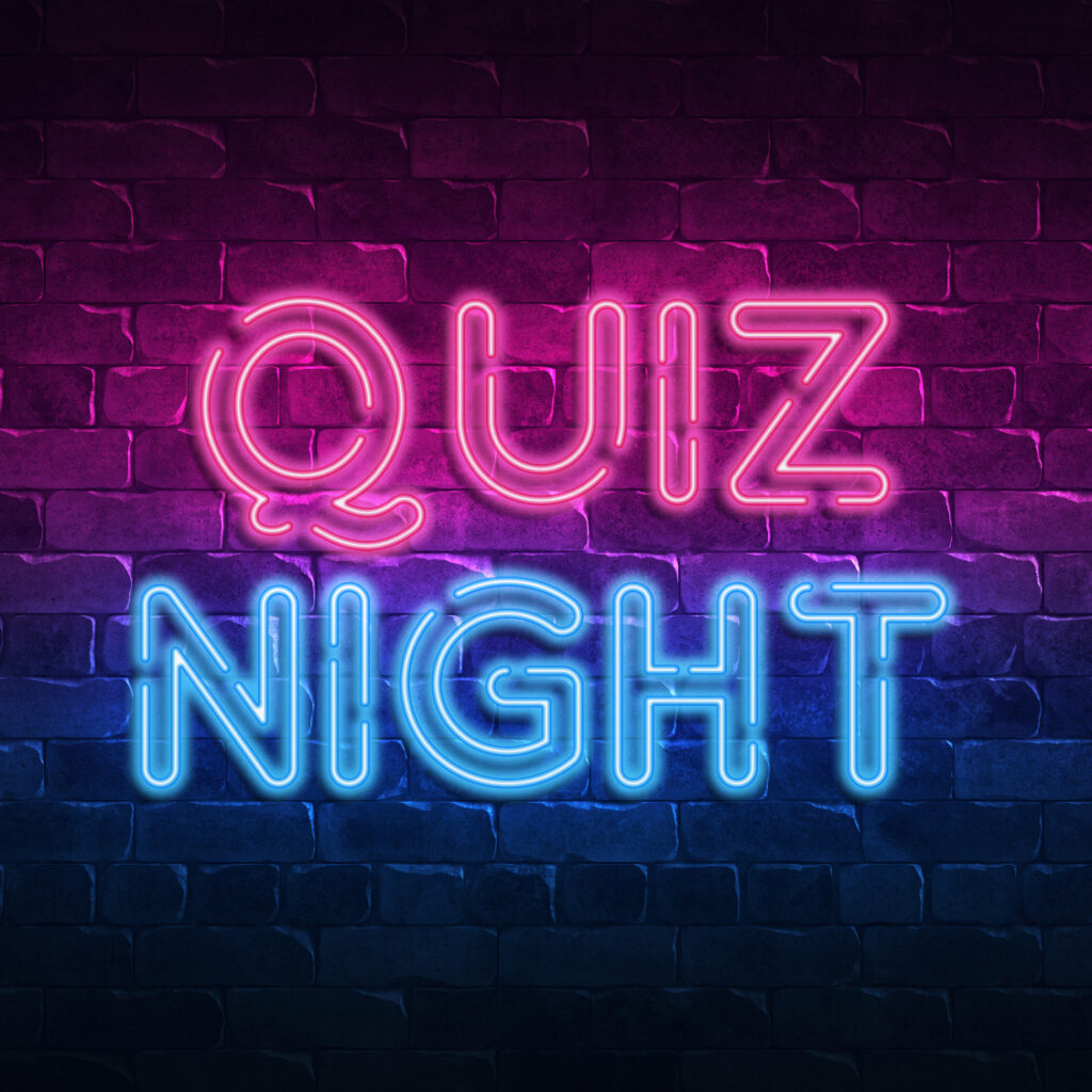 Quiz Night neon sign. purple and blue glow. neon text. Brick wall lit by neon lamps. Night lighting on the wall. 3d illustration. Trendy Design. light banner, bright advertisement